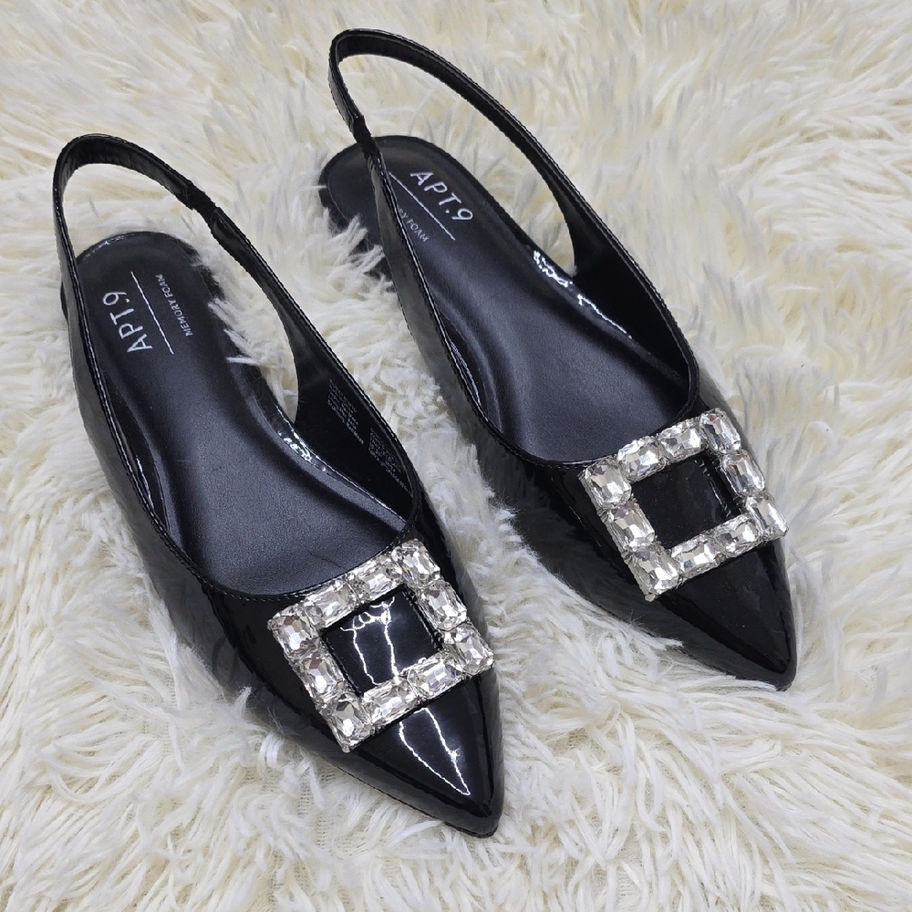 Apt. 9 Black Patent Slingback Flats with Crystal Square Buckle